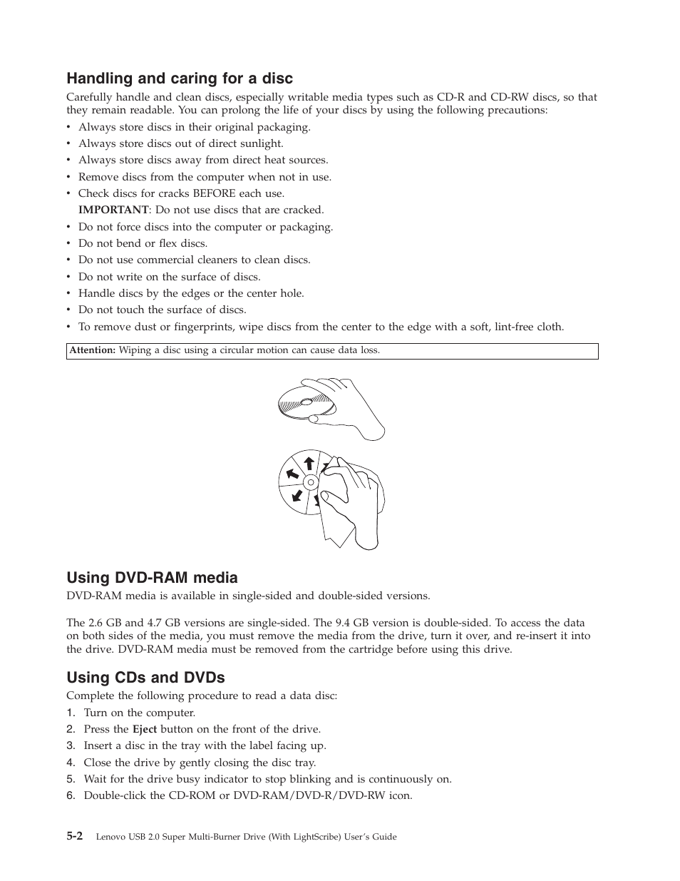 Handling and caring for a disc, Using dvd-ram media, Using cds and dvds | Handling, Caring, Disc, Using, Dvd-ram, Media, Dvds | Lenovo 41N5631 User Manual | Page 28 / 68