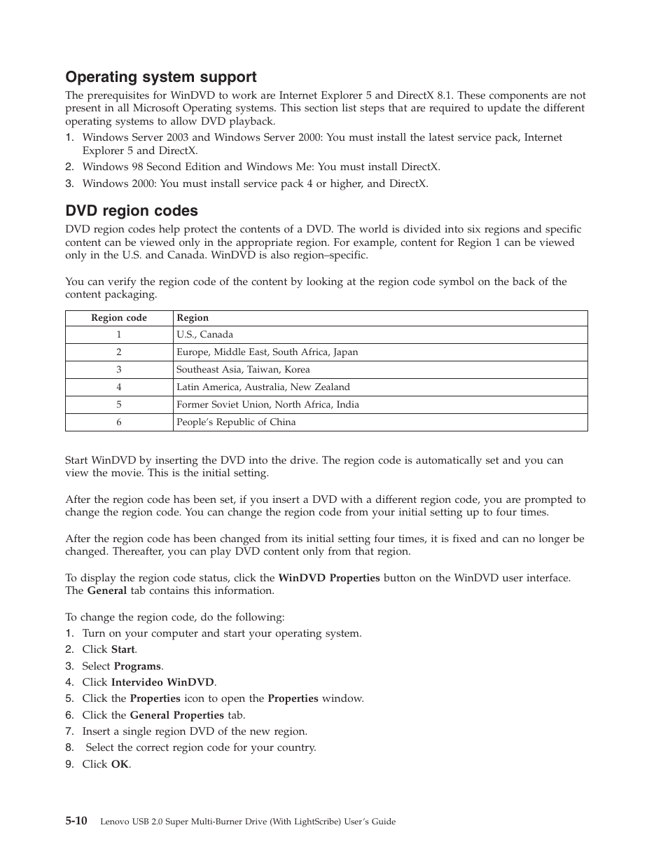 Operating system support, Dvd region codes, Operating | System, Support, Region, Codes | Lenovo 41N5631 User Manual | Page 36 / 68