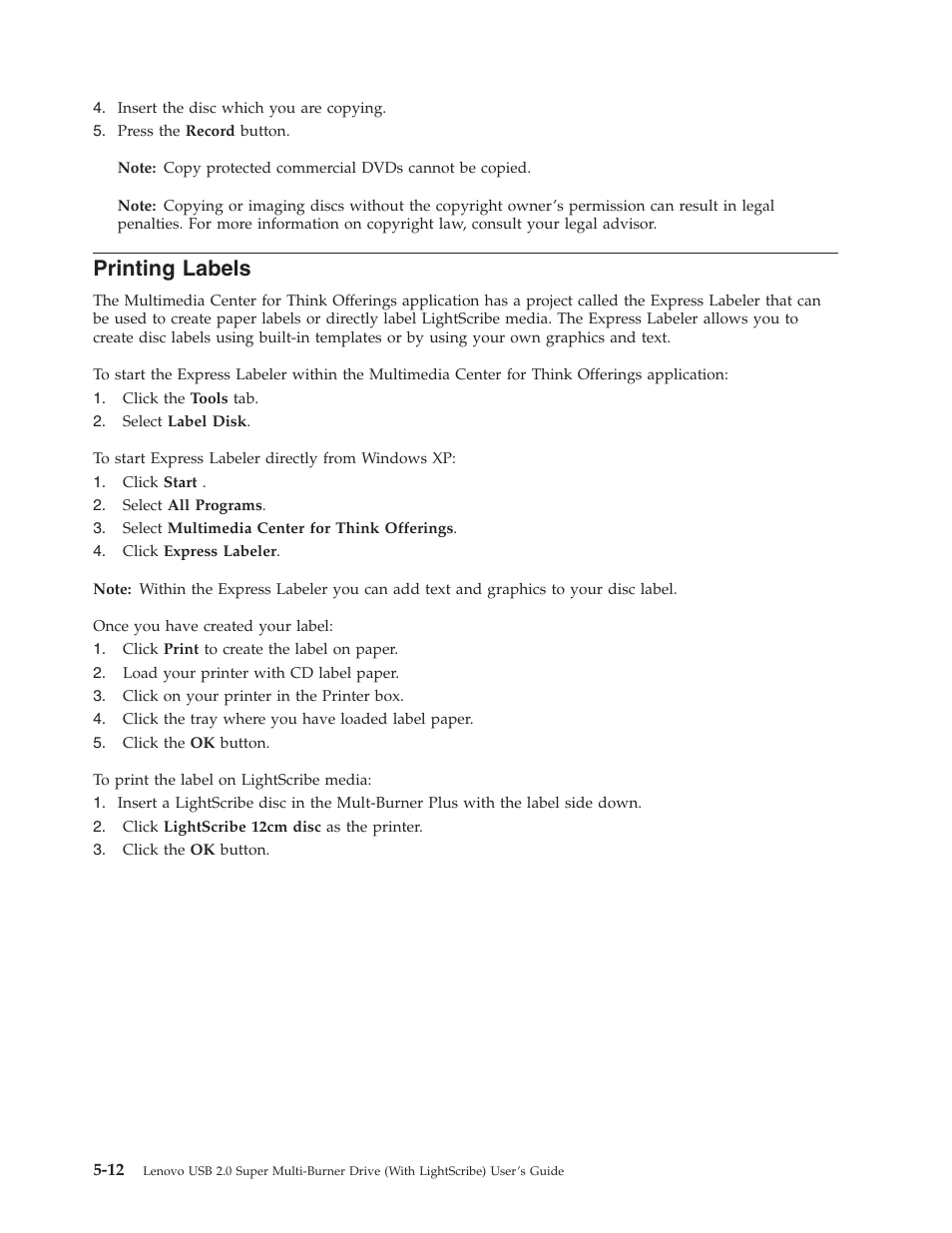 Printing labels, Printing, Labels | Lenovo 41N5631 User Manual | Page 38 / 68