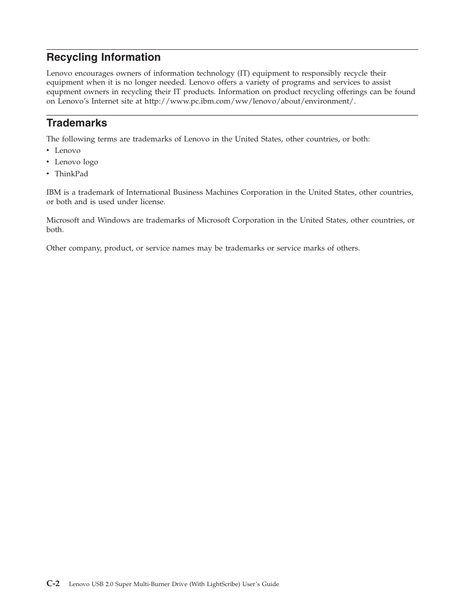 Recycling information, Trademarks, Recycling | Information | Lenovo 41N5631 User Manual | Page 46 / 68