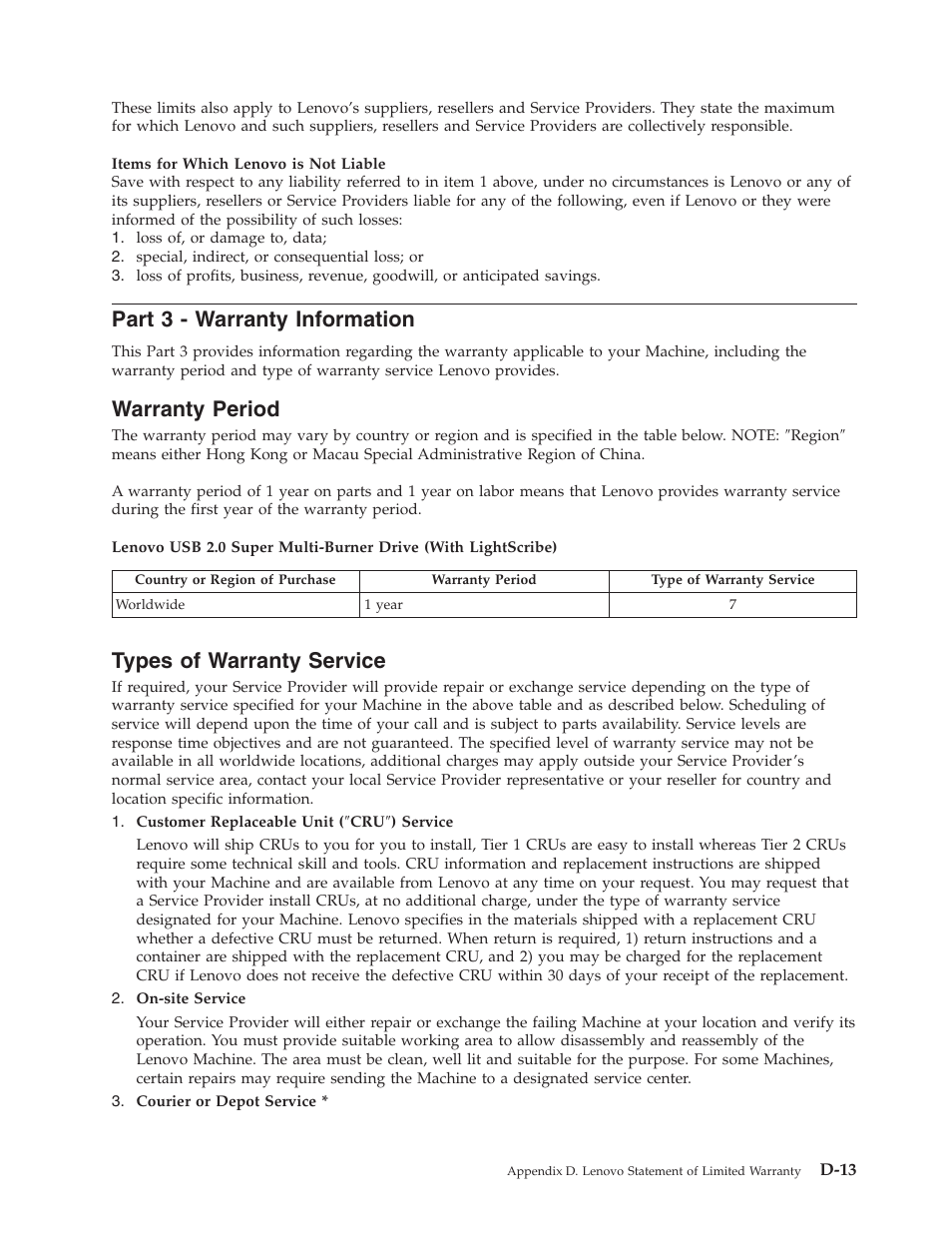 Part 3 - warranty information, Warranty period, Types of warranty service | Part, Warranty, Information, D-13, Period, Types, Service | Lenovo 41N5631 User Manual | Page 59 / 68