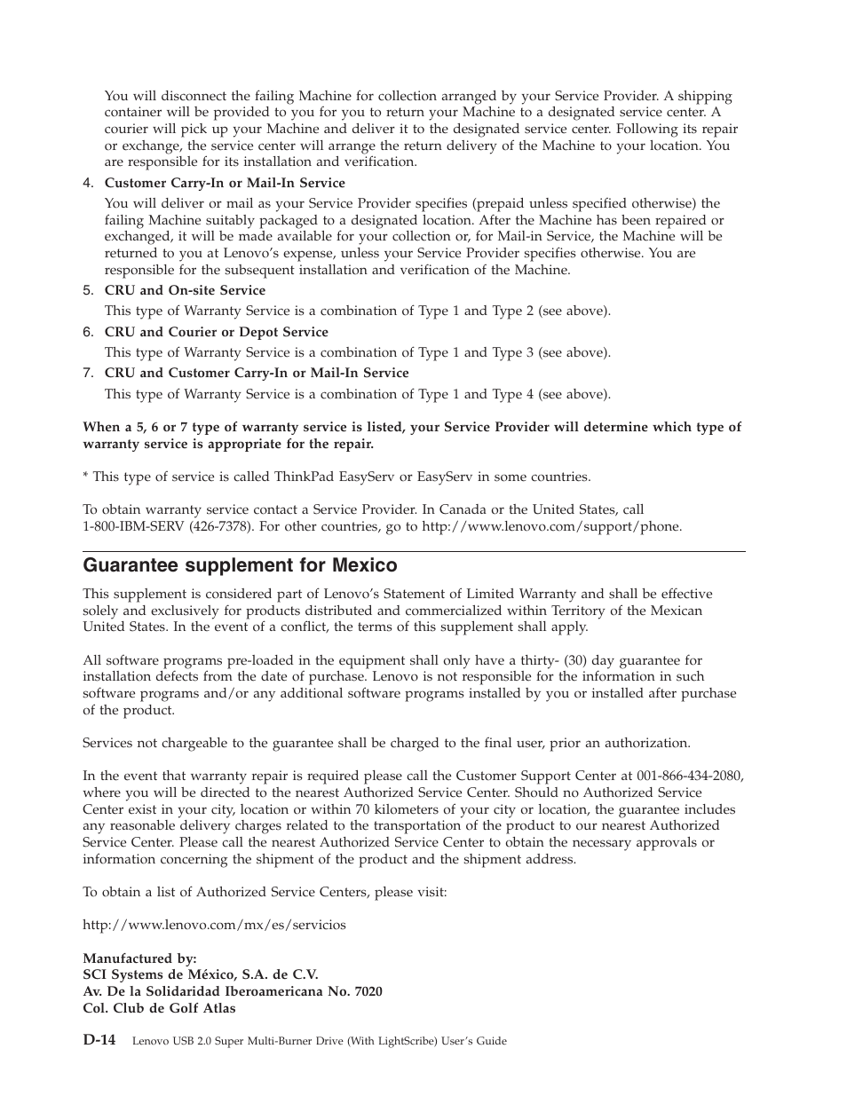 Guarantee supplement for mexico, Guarantee, Supplement | Mexico, D-14 | Lenovo 41N5631 User Manual | Page 60 / 68