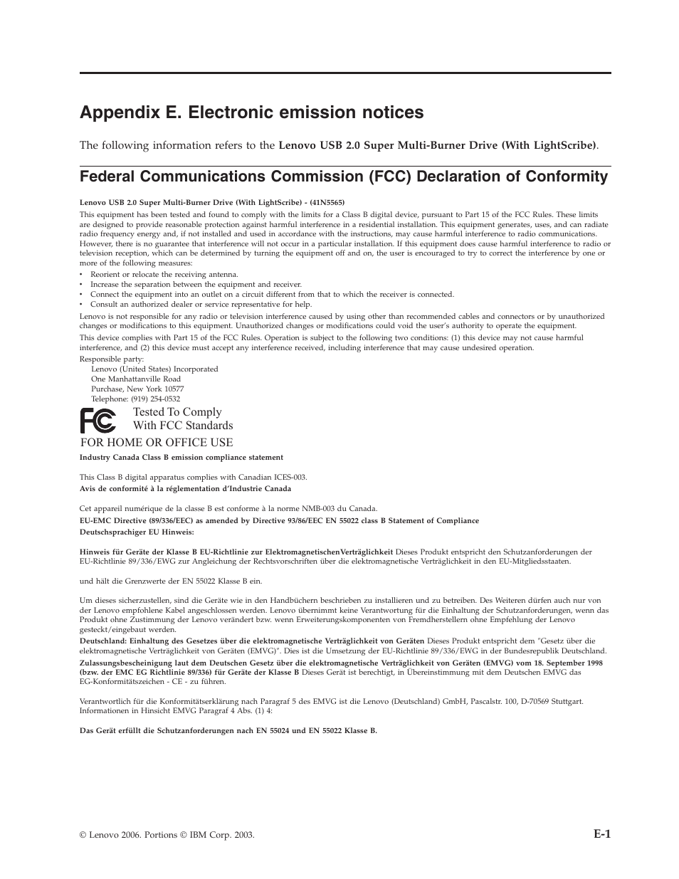 Appendix e. electronic emission notices, Appendix, Electronic | Emission, Notices, Federal, Communications, Commission, Fcc), Declaration | Lenovo 41N5631 User Manual | Page 63 / 68