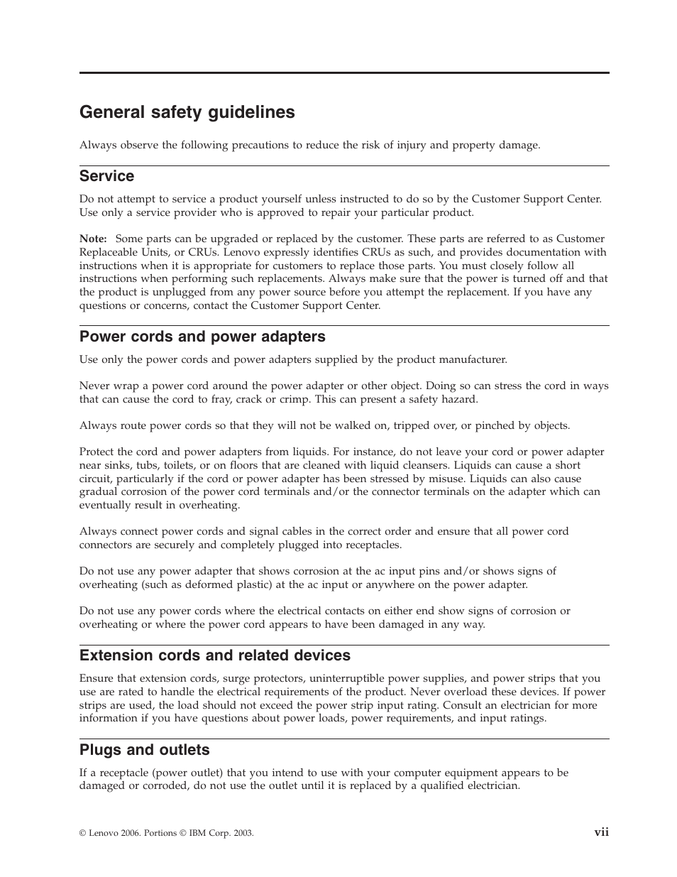 General safety guidelines, Service, Power cords and power adapters | Extension cords and related devices, Plugs and outlets, General, Safety, Guidelines, Power, Cords | Lenovo 41N5631 User Manual | Page 9 / 68