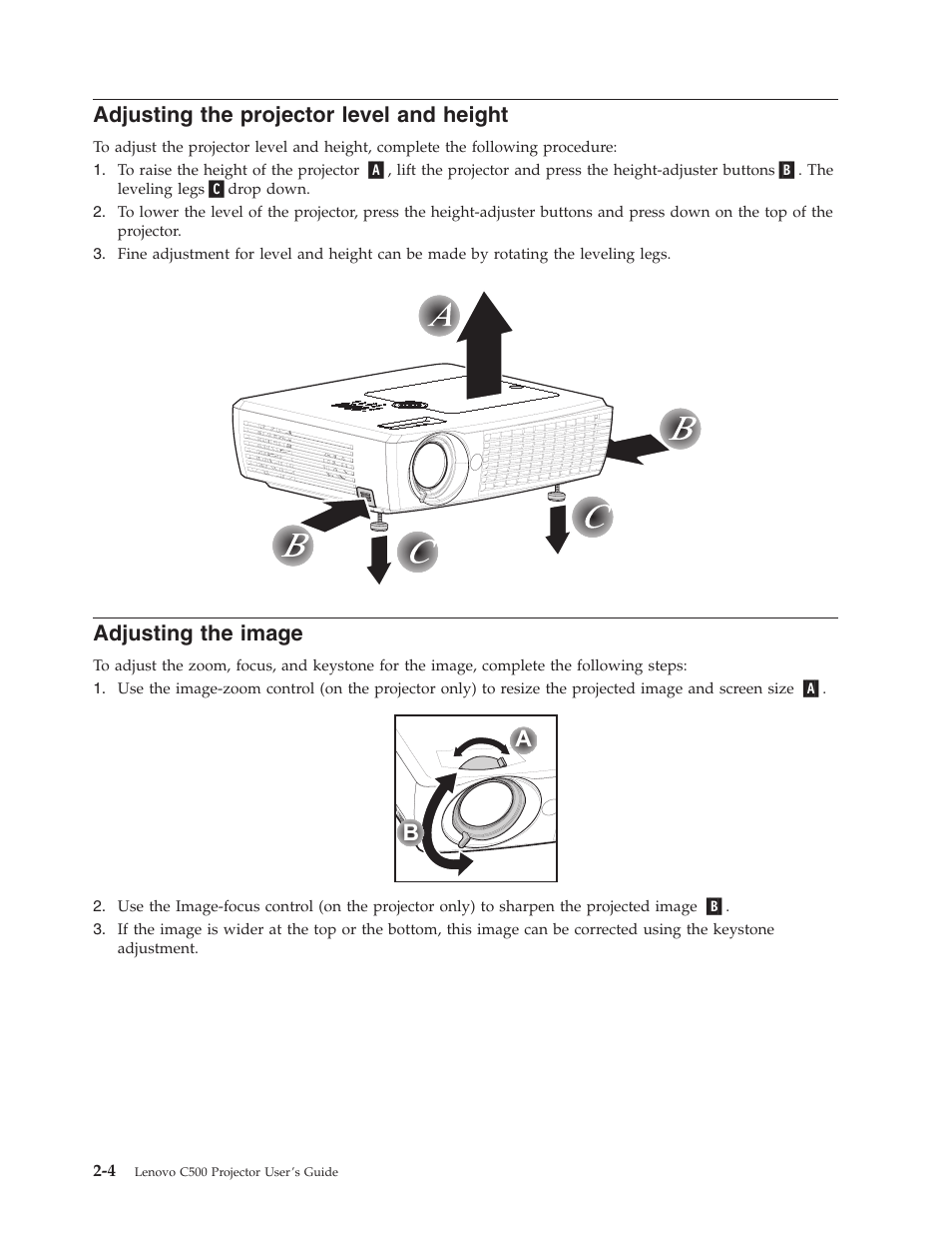 Adjusting the projector level and height, Adjusting the image, Adjusting | Projector, Level, Height, Image | Lenovo C500 User Manual | Page 24 / 92