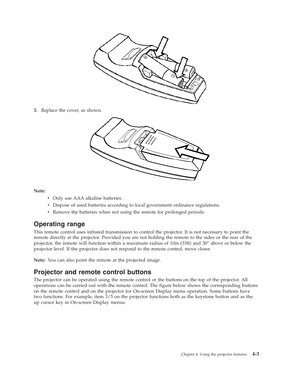 Operating range, Projector and remote control buttons, Operating | Range, Projector, Remote, Control, Buttons | Lenovo C500 User Manual | Page 31 / 92