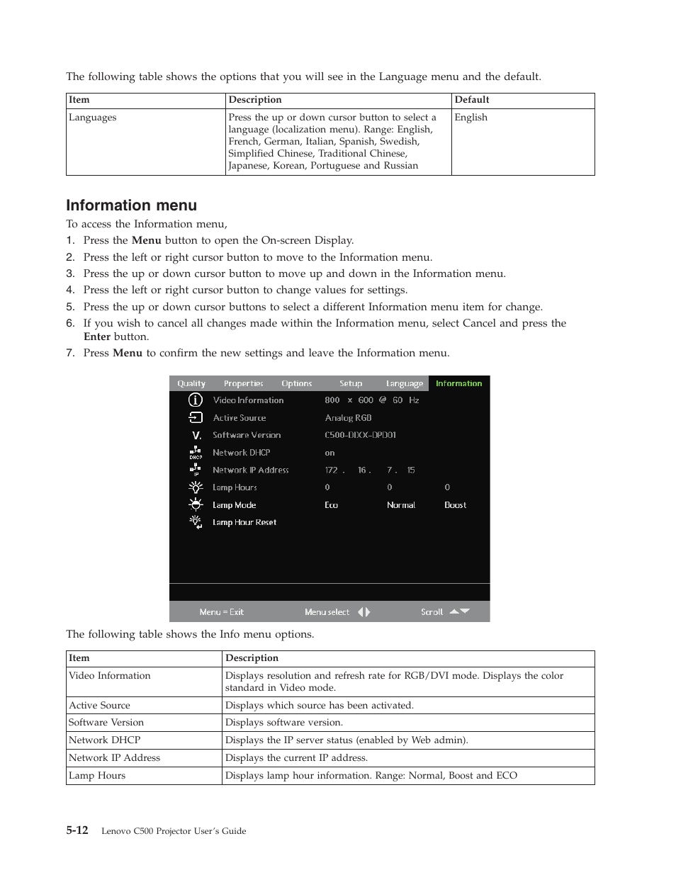 Information menu, Information, Menu | Lenovo C500 User Manual | Page 44 / 92