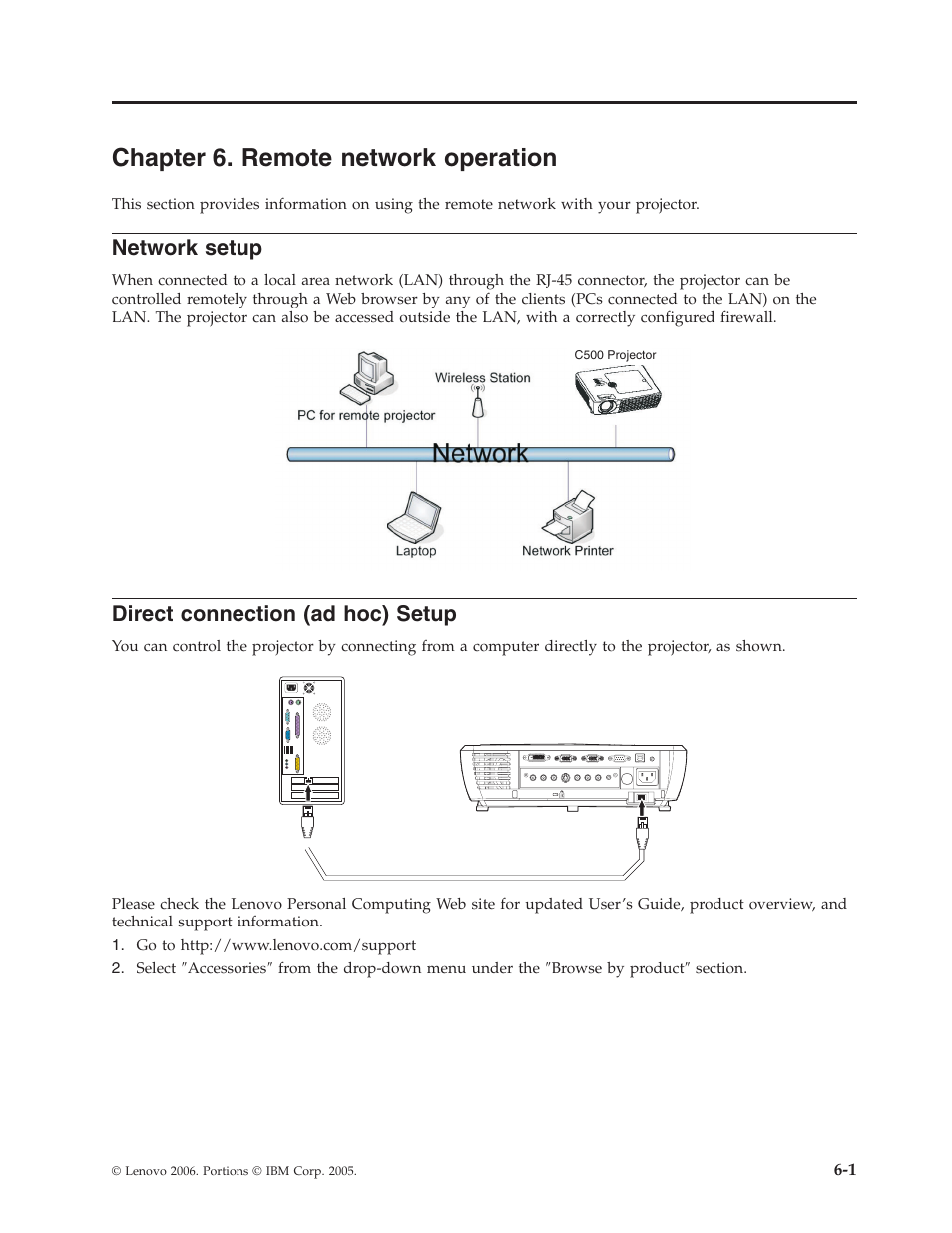Chapter 6. remote network operation, Network setup, Direct connection (ad hoc) setup | Chapter, Remote, Network, Operation, Setup, Direct, Connection | Lenovo C500 User Manual | Page 47 / 92