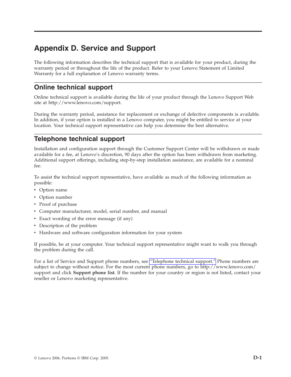 Appendix d. service and support, Online technical support, Telephone technical support | Appendix, Service, Support, Online, Technical, Telephone | Lenovo C500 User Manual | Page 65 / 92