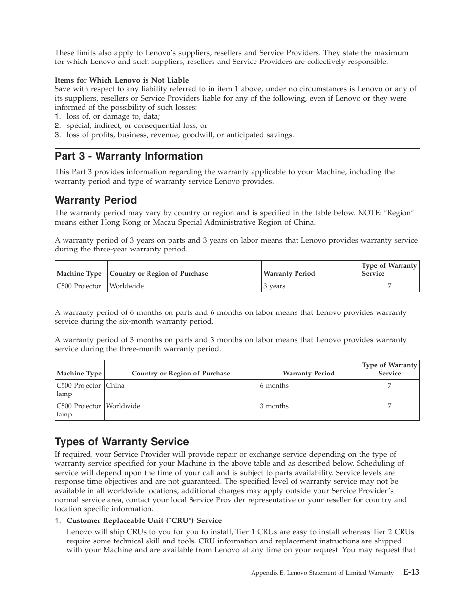 Part 3 - warranty information, Warranty period, Types of warranty service | Part, Warranty, Information, E-13, Period, Types, Service | Lenovo C500 User Manual | Page 79 / 92
