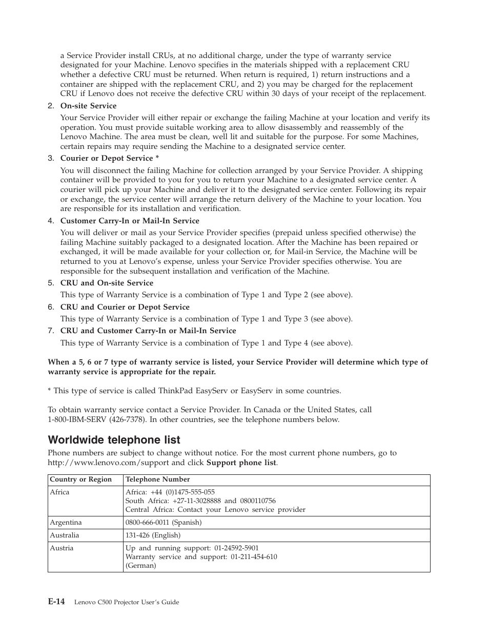 Worldwide telephone list, Worldwide, Telephone | List, E-14 | Lenovo C500 User Manual | Page 80 / 92