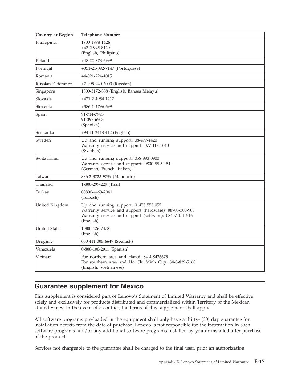 Guarantee supplement for mexico, Guarantee, Supplement | Mexico, E-17 | Lenovo C500 User Manual | Page 83 / 92