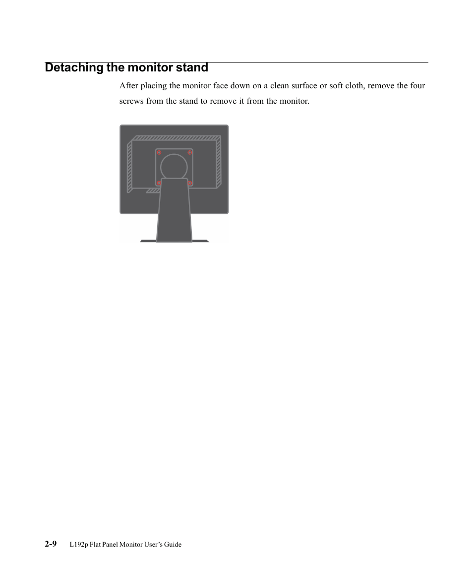 Detaching the monitor stand | Lenovo L192P 9417-HG2 User Manual | Page 20 / 35