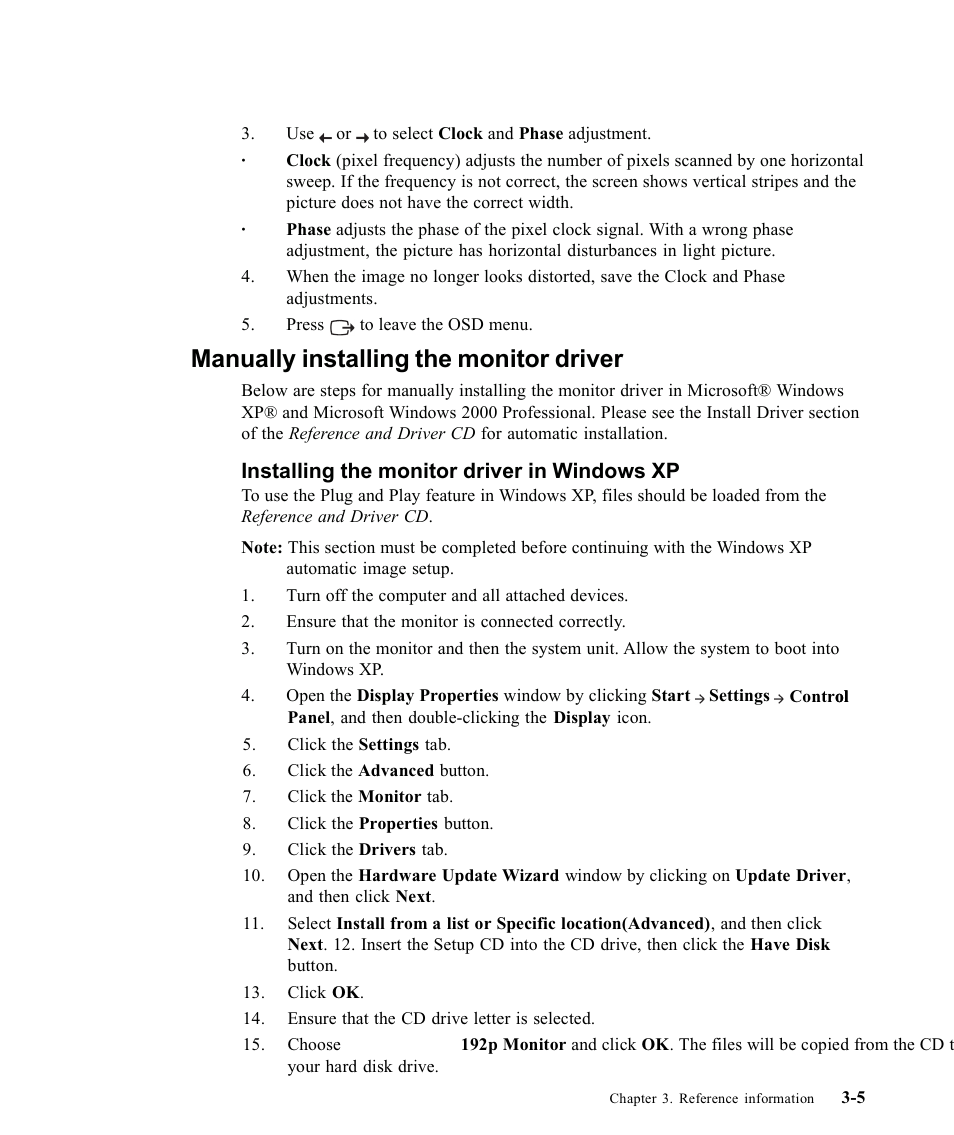Manually installing the monitor driver, Installing the monitor driver in windows xp | Lenovo L192P 9417-HG2 User Manual | Page 25 / 35