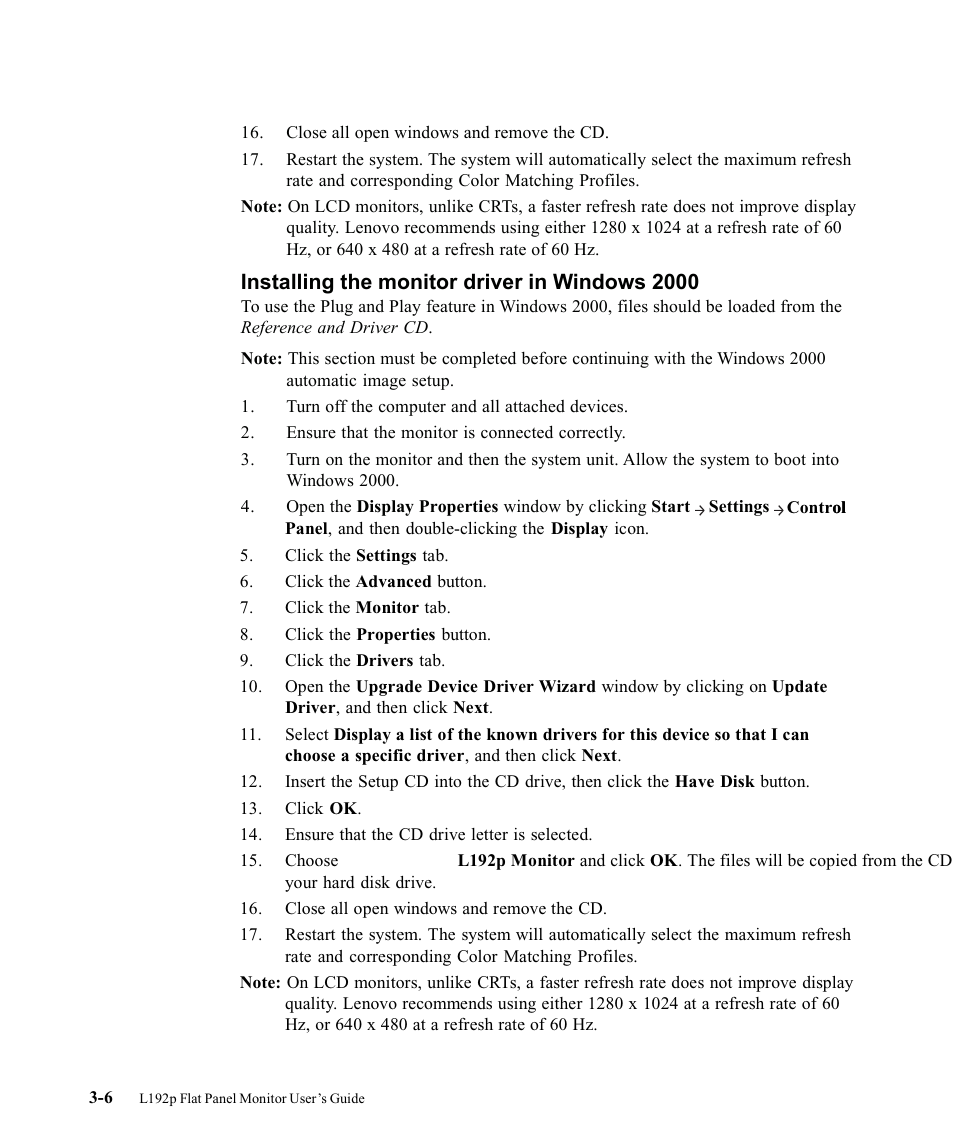 Installing the monitor driver in windows 2000 | Lenovo L192P 9417-HG2 User Manual | Page 26 / 35