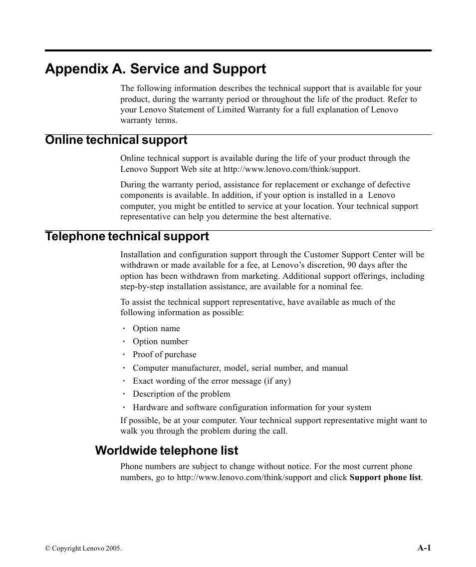 Appendix a. service and support, Online technical support, Telephone technical support | Worldwide telephone list, Appendix a, "service | Lenovo L192P 9417-HG2 User Manual | Page 29 / 35