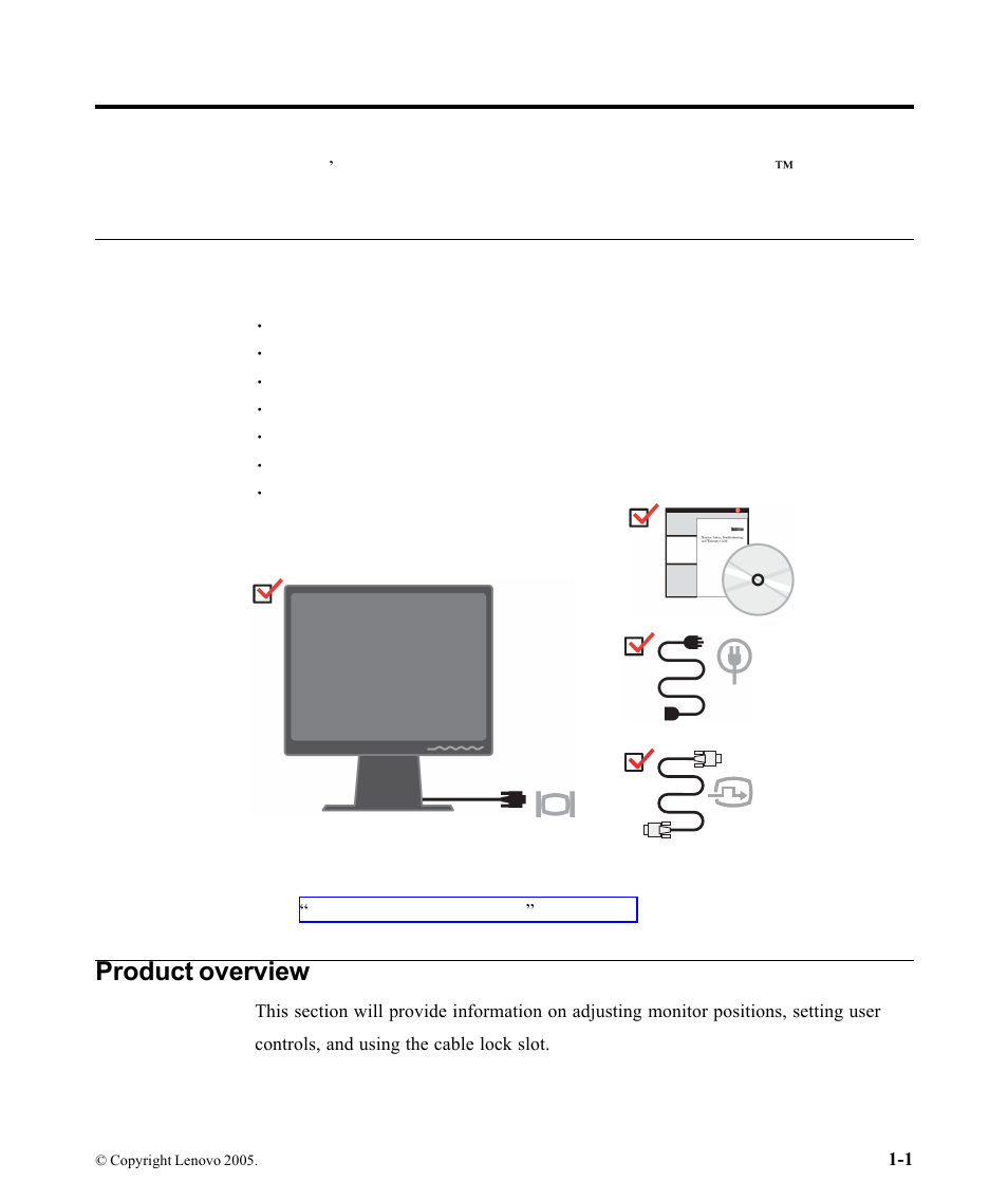 Chapter 1. getting started, Shipping contents, Product overview | Lenovo L192P 9417-HG2 User Manual | Page 5 / 35