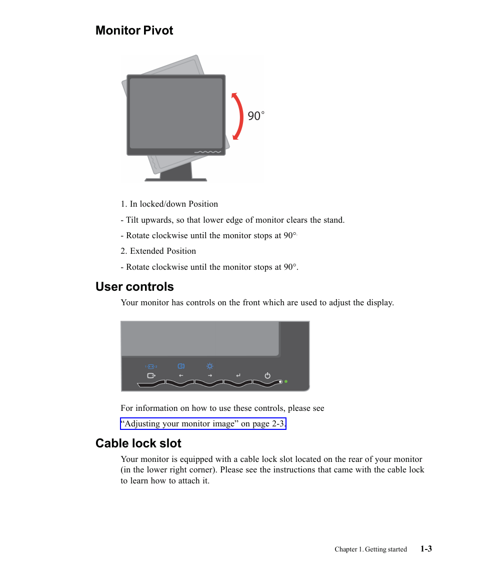 Monitor pivot, User controls, Cable lock slot | Lenovo L192P 9417-HG2 User Manual | Page 7 / 35