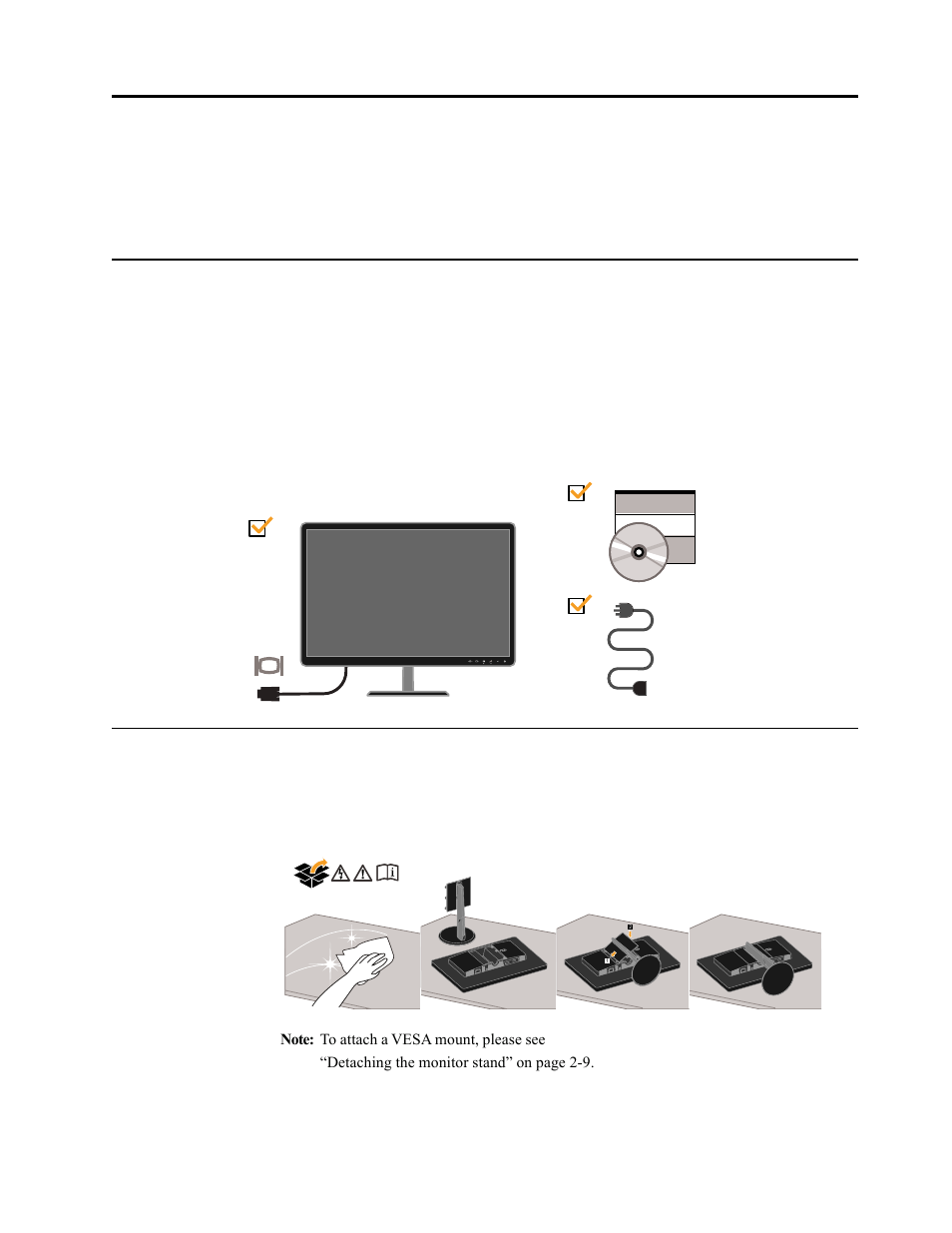Chapter 1. getting started, Shipping contents, Attaching the base and handling your monitor | Lenovo L222 4432-HF1 User Manual | Page 5 / 26