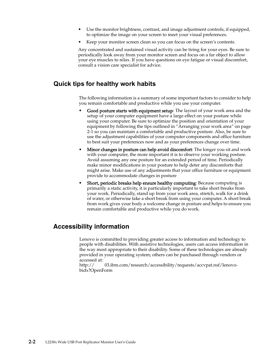 Quick tips for healthy work habits, Accessibility information, Quick tips for healthy work habits -2 | Lenovo L2230x User Manual | Page 11 / 37