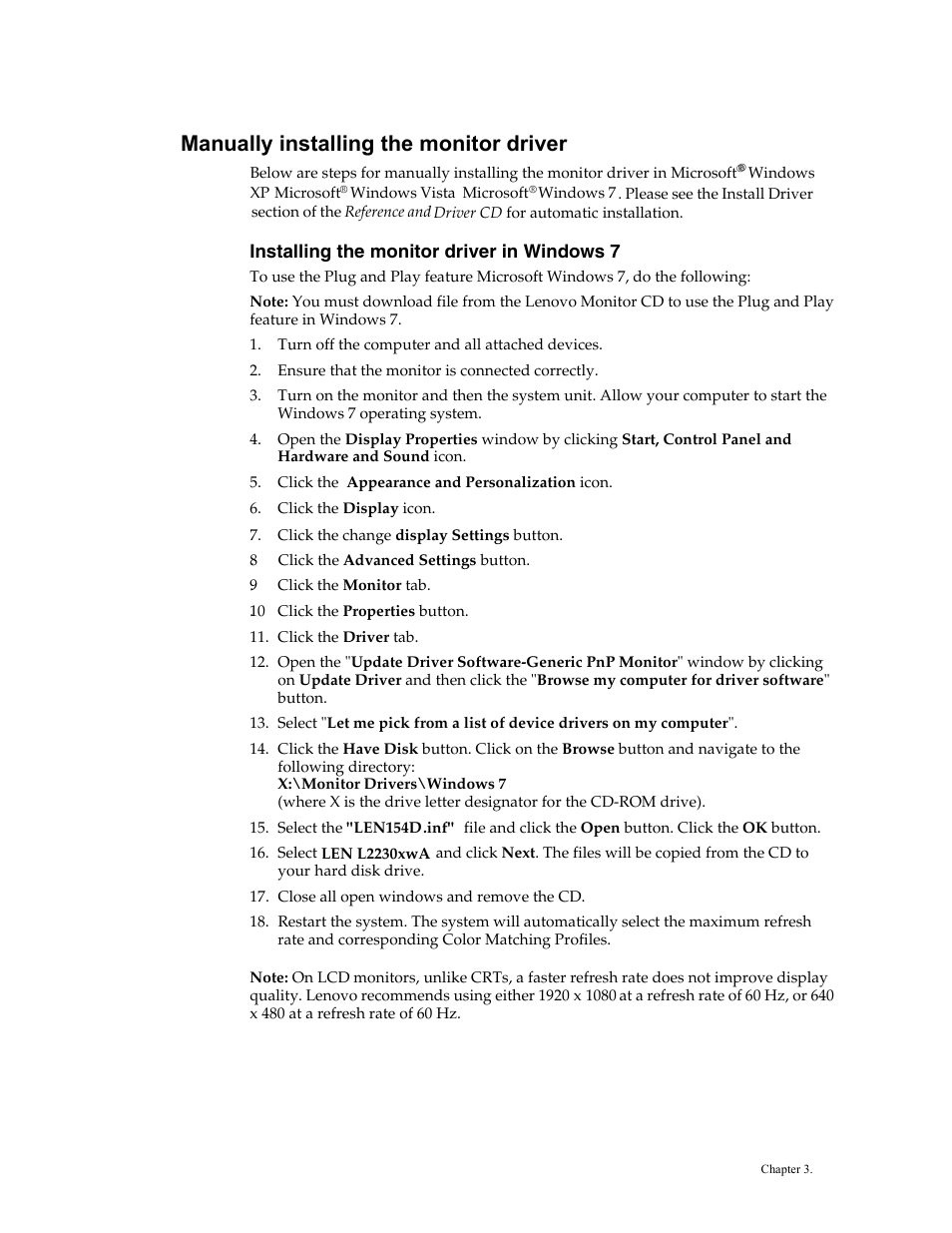 Manually installing the monitor driver, Installing the device driver in windows vista, Installing the device driver in windows 7 | Lenovo L2230x User Manual | Page 22 / 37