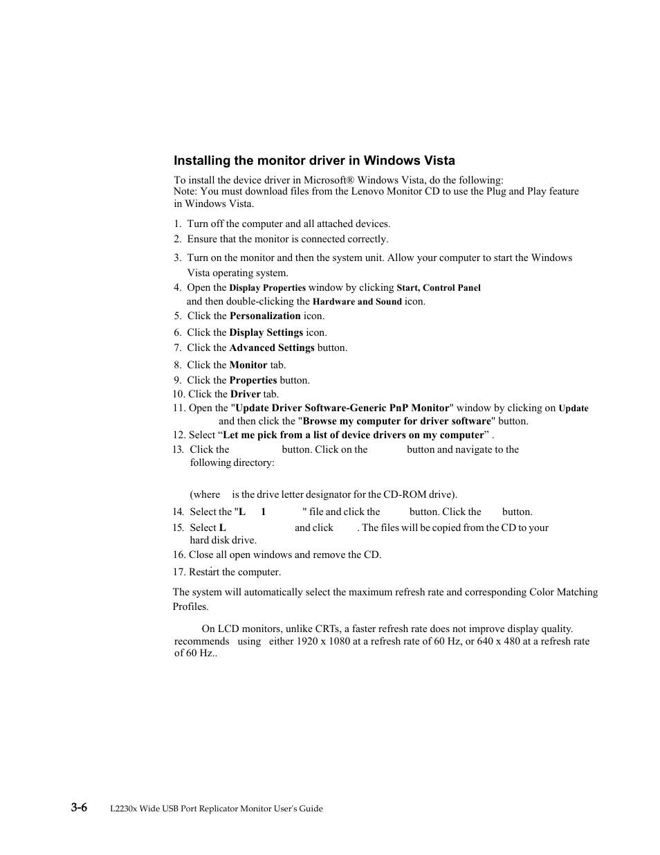 Installing the monitor driver in windows xp, Installing the monitor driver in windows 2000, Installing the device driver in windows vista | Lenovo L2230x User Manual | Page 23 / 37