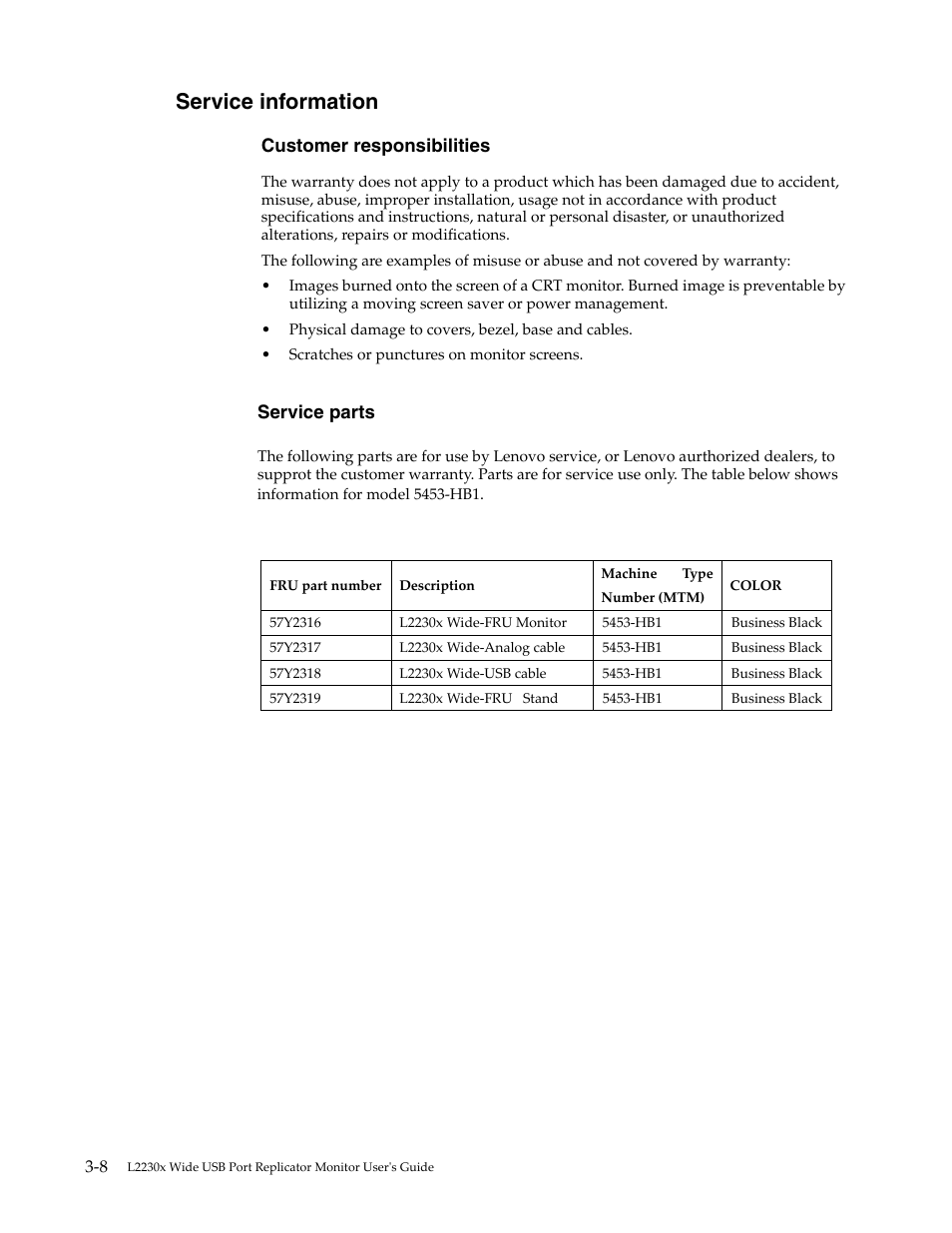 Service information, Customer responsibilities, Service parts | Lenovo L2230x User Manual | Page 25 / 37