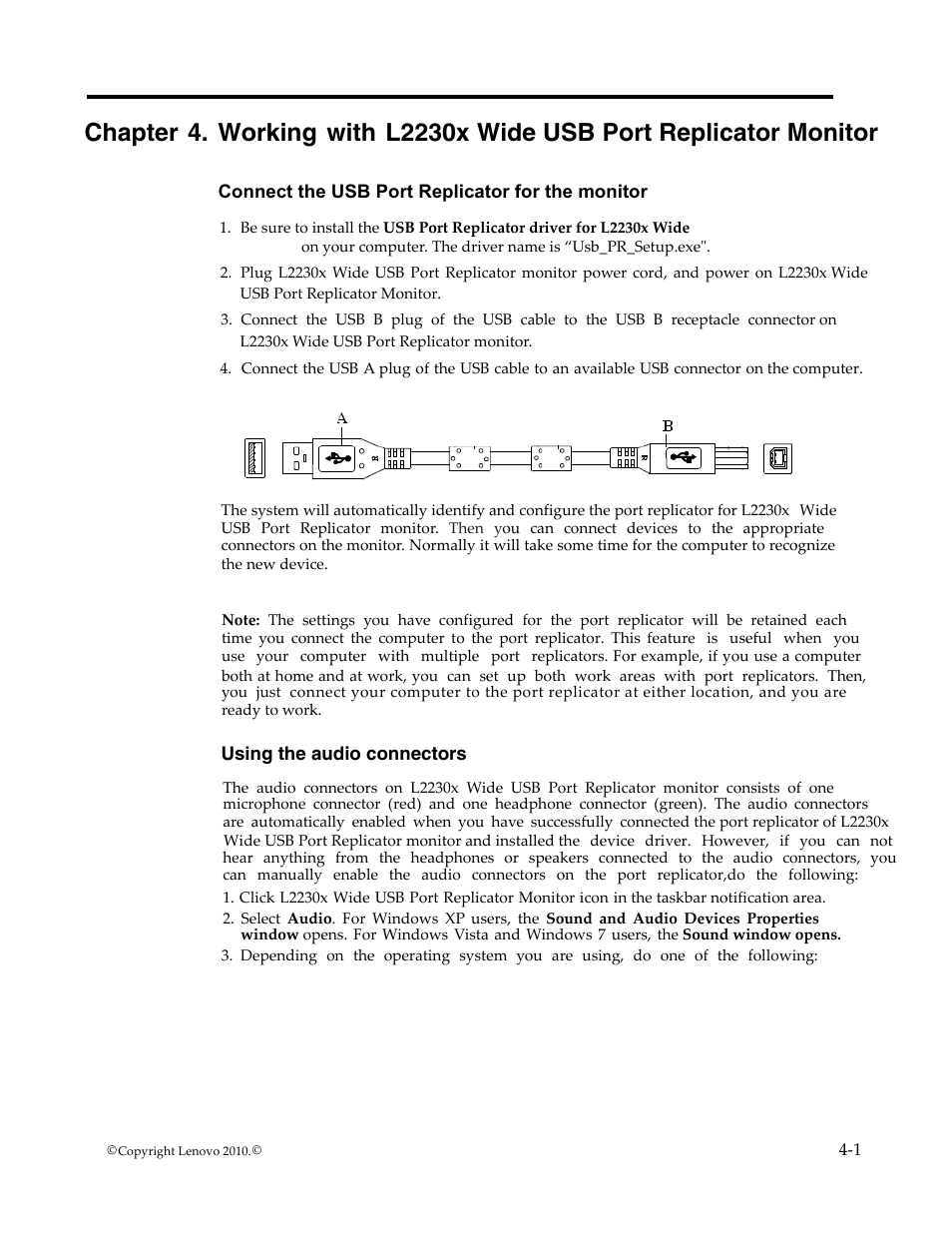 Connect the usb port replicator for the monitor, Using the audio connectors, Chapter 4. working with | L2230x wide usb port replicator monitor -1, Service information | Lenovo L2230x User Manual | Page 26 / 37
