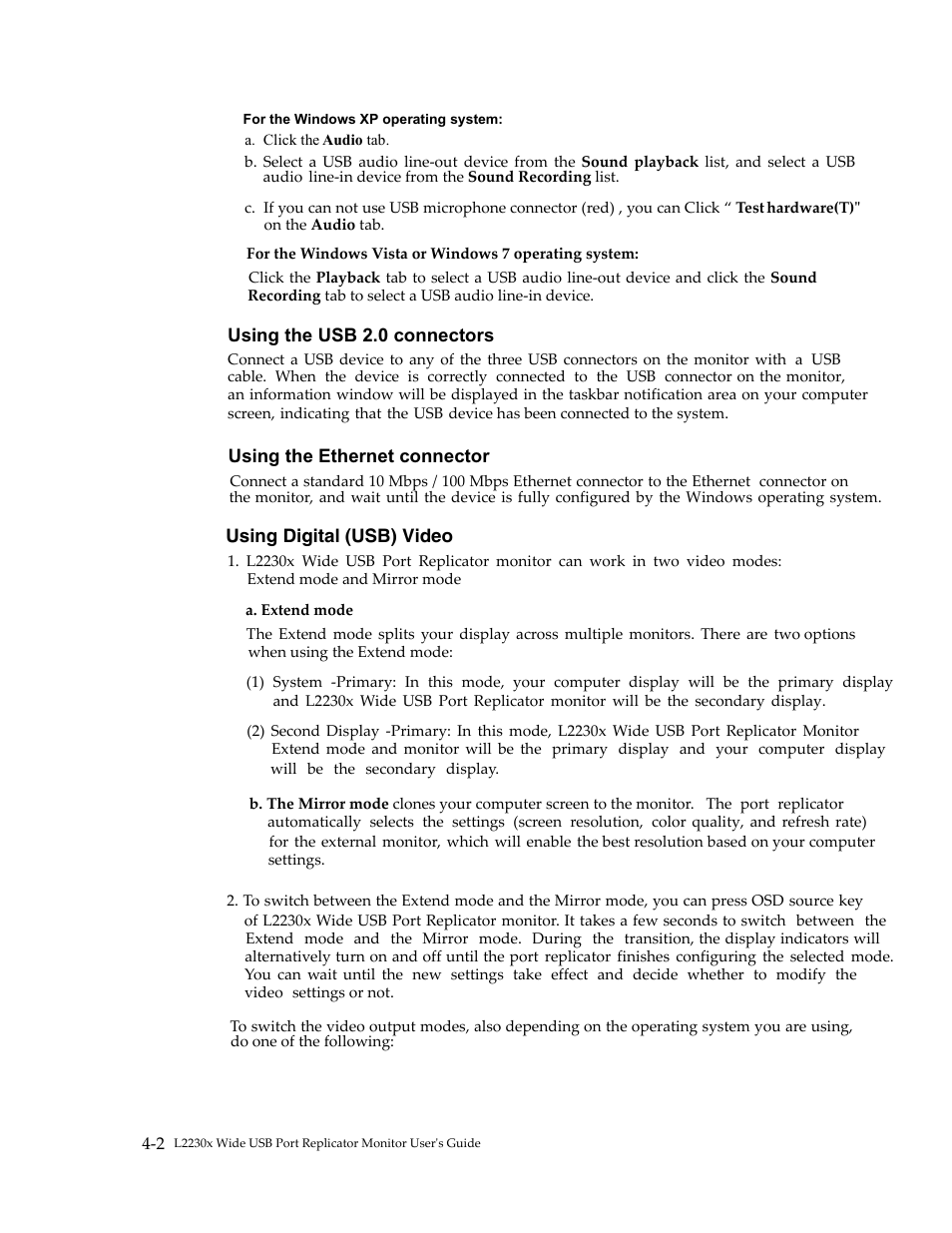 Using the usb 2.0 connectors, Using the ethernet connector, Using digital (usb) video | Lenovo L2230x User Manual | Page 27 / 37