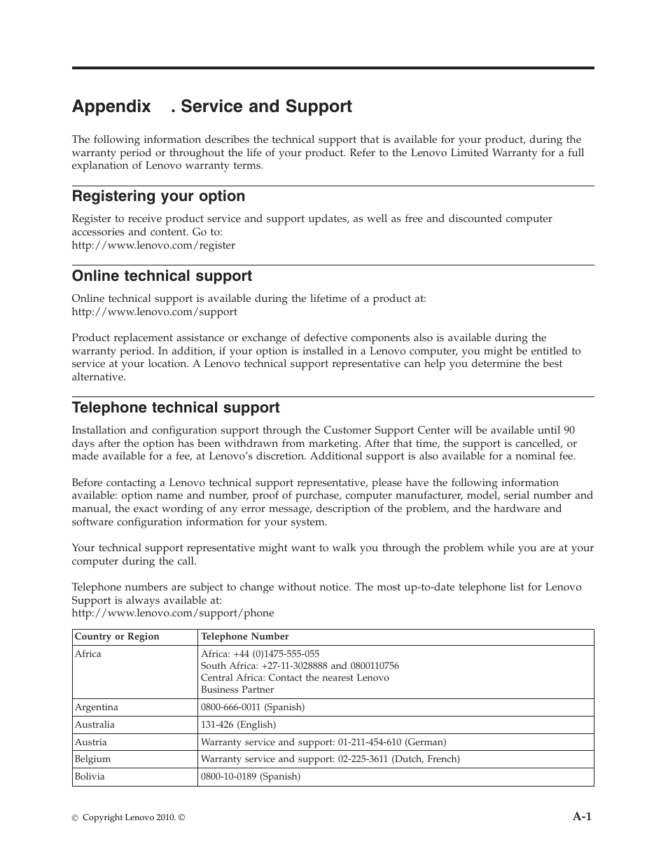 Appendix a. service and support, Appendix, Service | Support, Registering, Your, Option, Online, Technical, Telephone | Lenovo L2230x User Manual | Page 32 / 37
