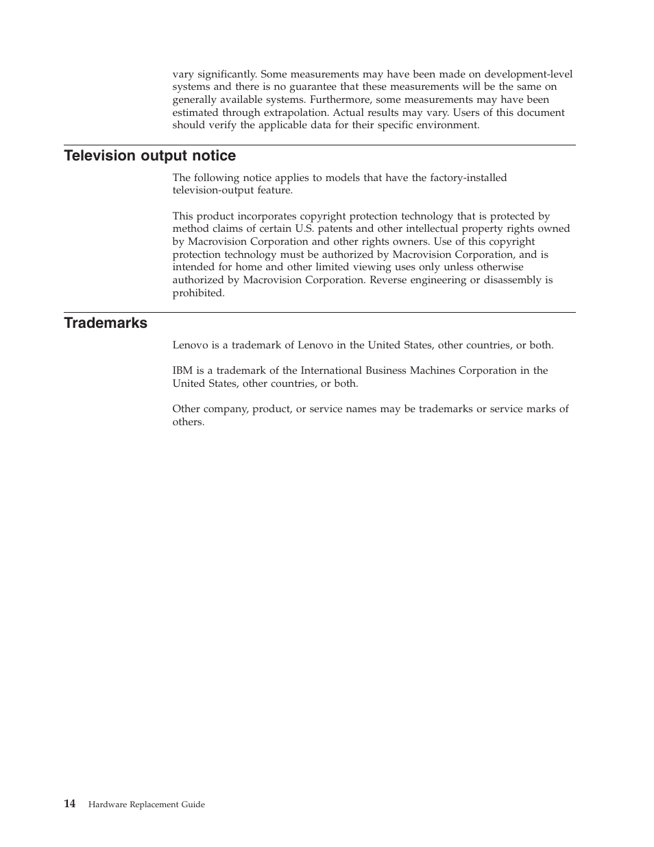 Television output notice, Trademarks, Television | Output, Notice | Lenovo J SERIES 8257 User Manual | Page 22 / 24