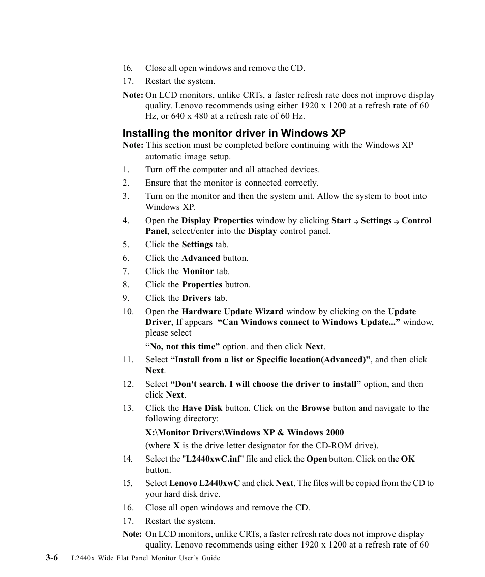 Installing the monitor driver in windows xp | Lenovo L2440X User Manual | Page 30 / 40