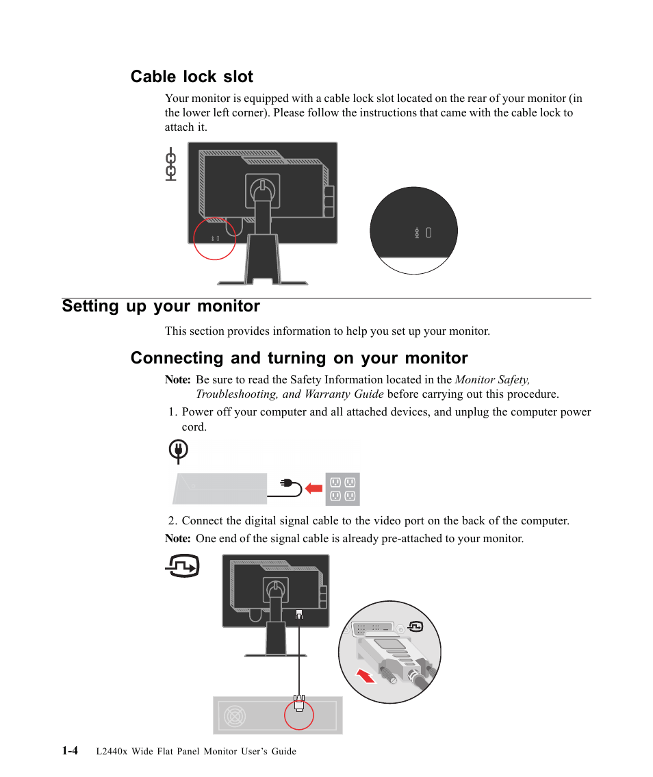 Cable lock slot, Setting up your monitor, Connecting and turning on your monitor | Lenovo L2440X User Manual | Page 8 / 40