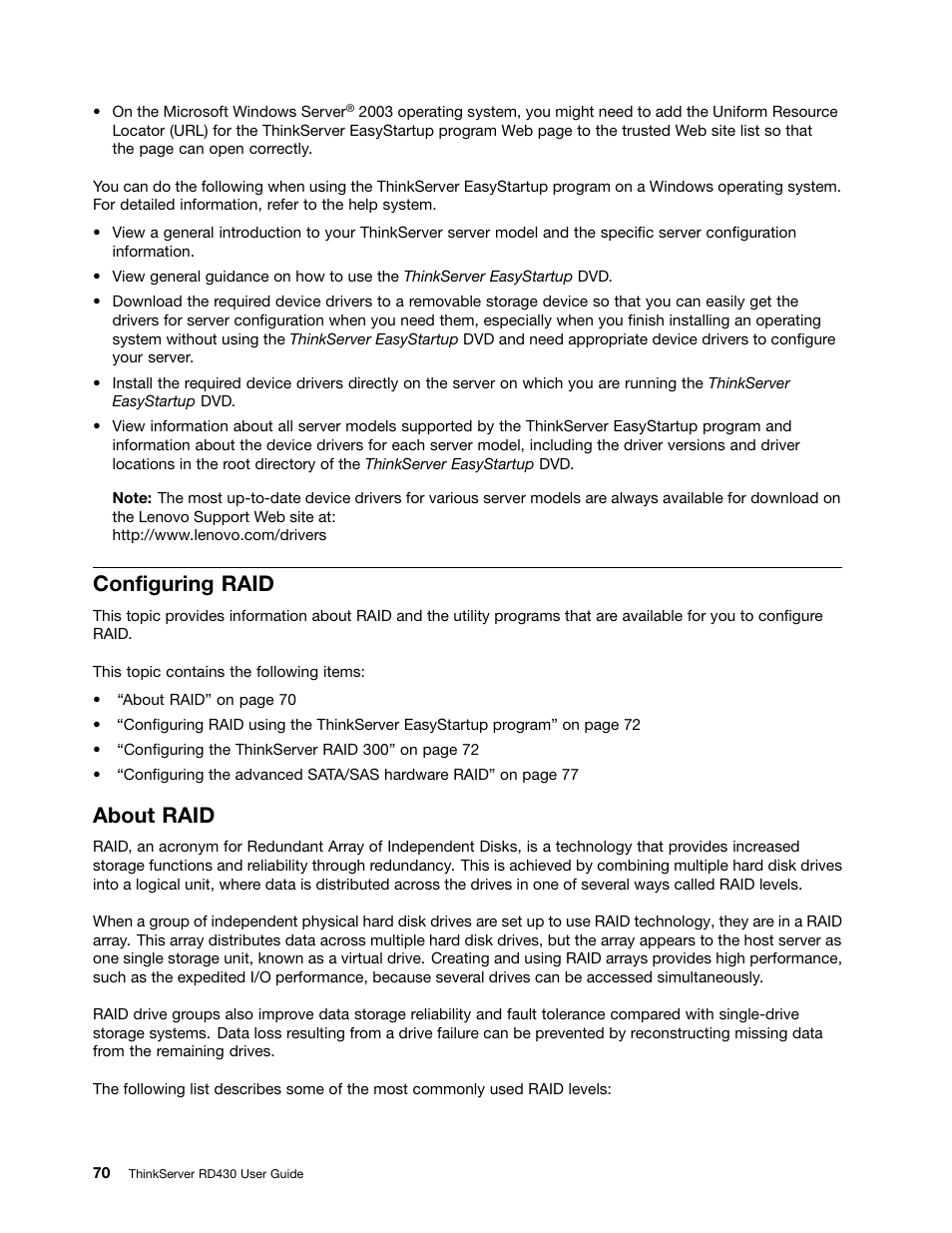 Configuring raid, About raid | Lenovo RD430 User Manual | Page 82 / 218