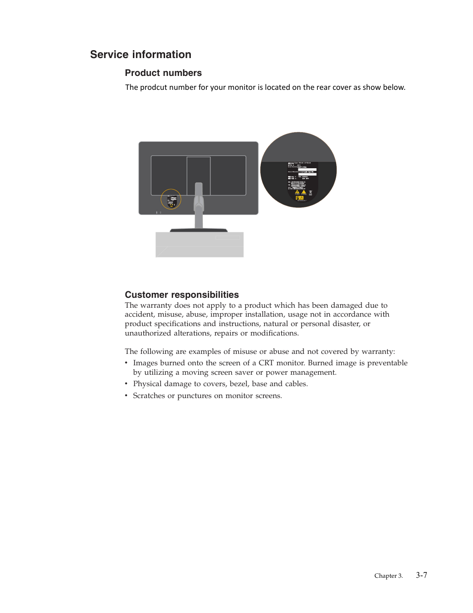 Service, Information, Product | Numbers, Customer, Responsibilities | Lenovo L215p User Manual | Page 27 / 36