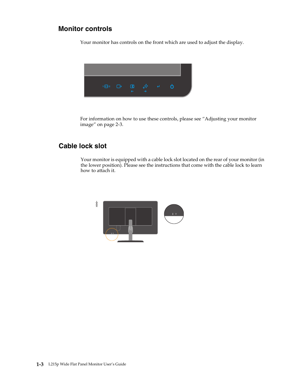 Cable lock slot, Monitor controls | Lenovo L215p User Manual | Page 7 / 36