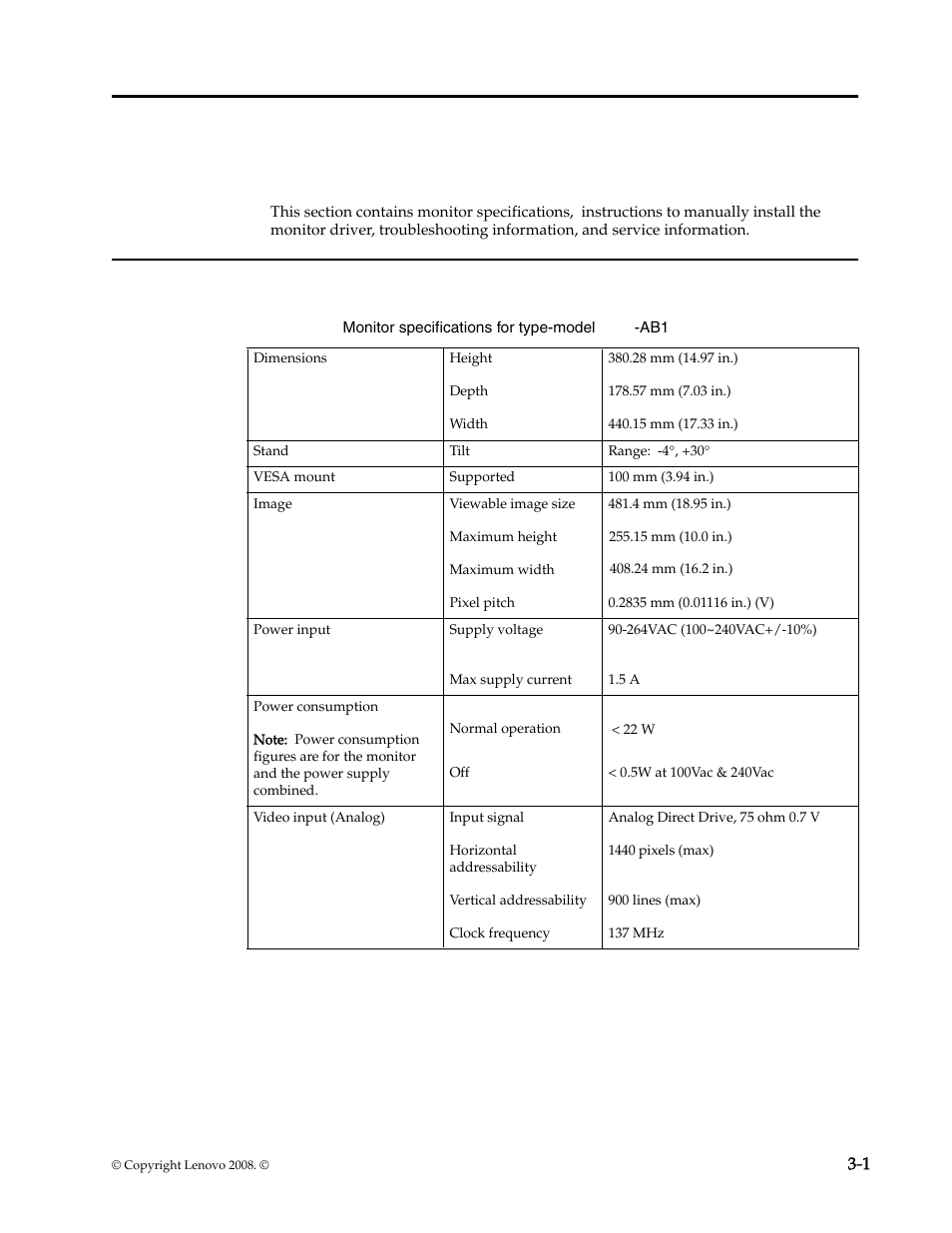 Chapter 3. reference information, Monitor specifications, Chapter 3. reference information -1 | Monitor specifications -1 | Lenovo L1940 User Manual | Page 18 / 32