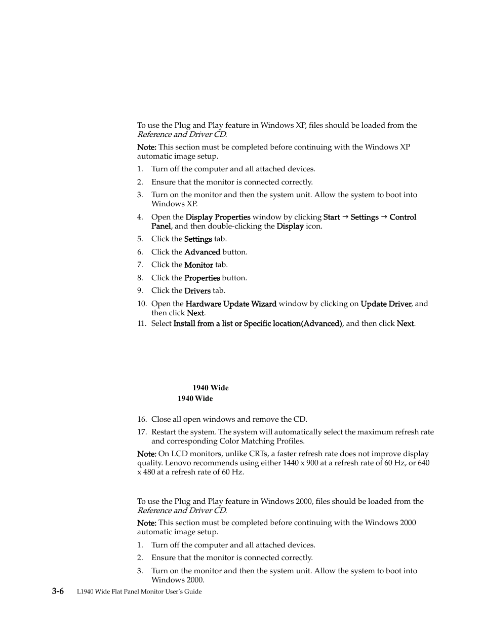 Installing the monitor driver in windows xp, Installing the monitor driver in windows 2000 | Lenovo L1940 User Manual | Page 23 / 32