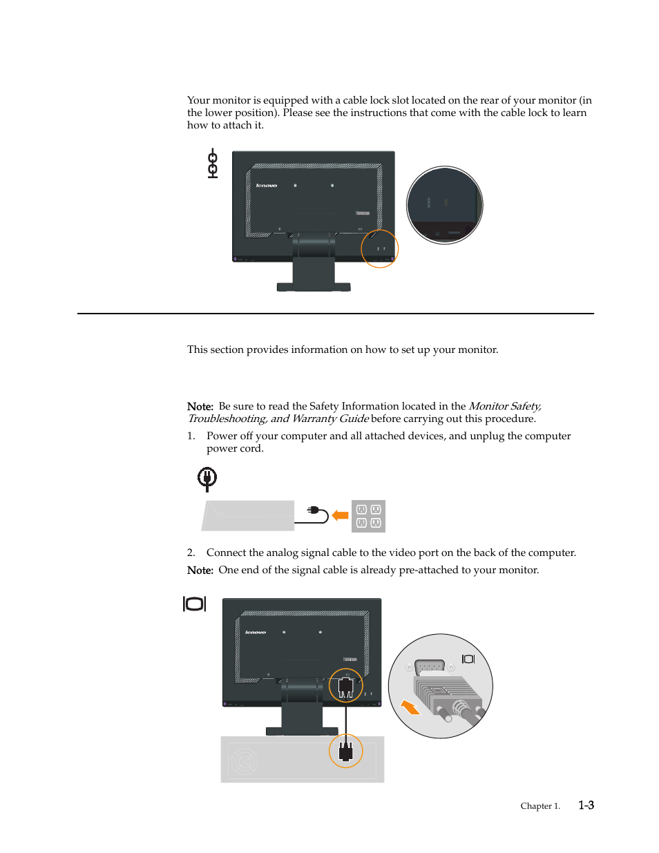 Cable lock slot, Setting up your monitor, Connecting and turning on your monitor | Cable lock slot -4, Setting up your monitor -4, Connecting and turning on your monitor -4 | Lenovo L1940 User Manual | Page 7 / 32