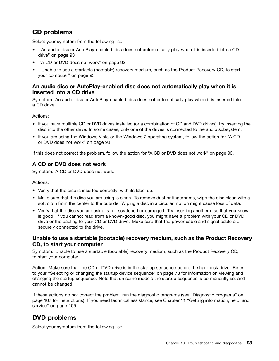 Cd problems, Dvd problems | Lenovo THINKCENTRE 4473 User Manual | Page 107 / 142