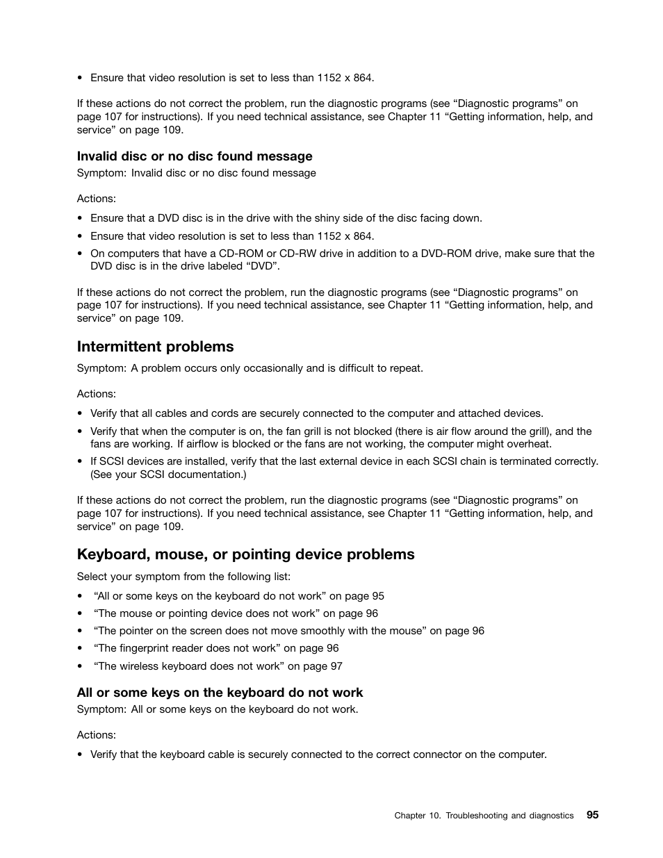 Intermittent problems, Keyboard, mouse, or pointing device problems | Lenovo THINKCENTRE 4473 User Manual | Page 109 / 142