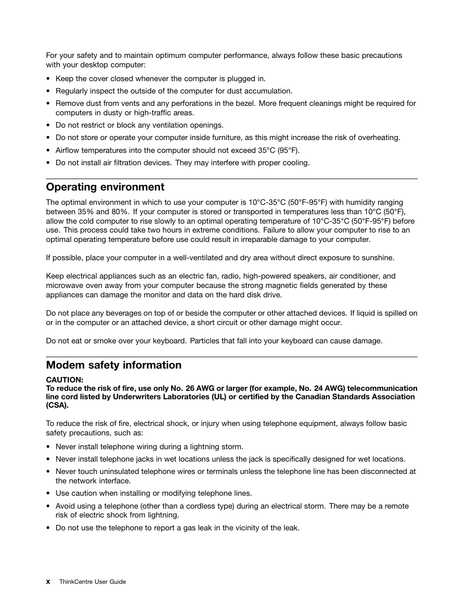 Operating environment, Modem safety information | Lenovo THINKCENTRE 4473 User Manual | Page 12 / 142