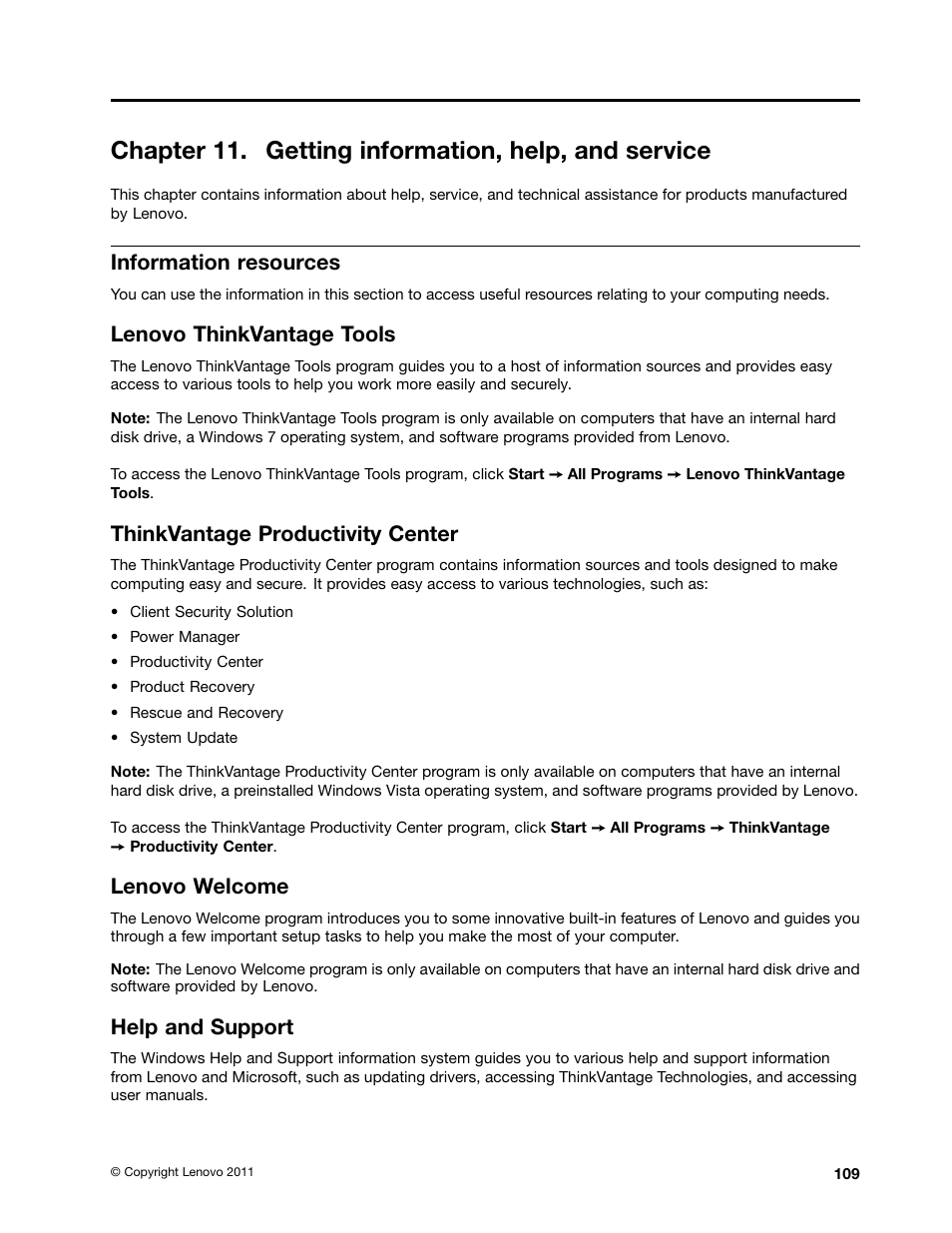 Chapter 11. getting information, help, and service, Information resources, Lenovo thinkvantage tools | Thinkvantage productivity center, Lenovo welcome, Help and support, Chapter 11 “getting | Lenovo THINKCENTRE 4473 User Manual | Page 123 / 142