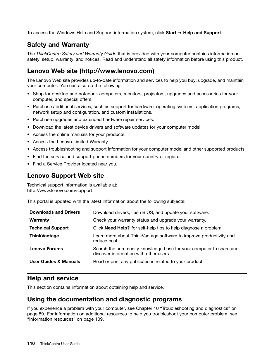 Safety and warranty, Lenovo web site (http://www.lenovo.com), Lenovo support web site | Help and service, Using the documentation and diagnostic programs | Lenovo THINKCENTRE 4473 User Manual | Page 124 / 142
