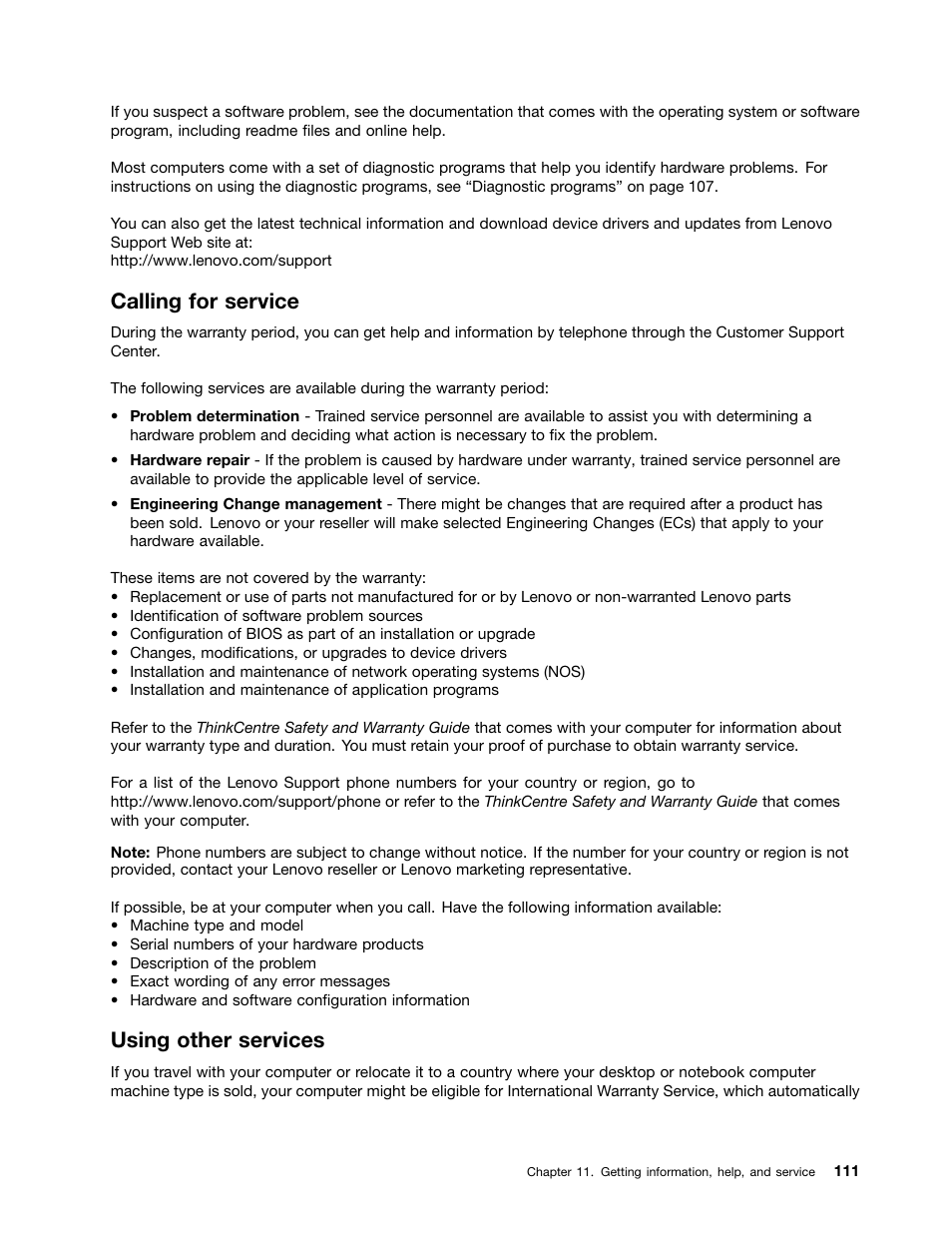 Calling for service, Using other services | Lenovo THINKCENTRE 4473 User Manual | Page 125 / 142