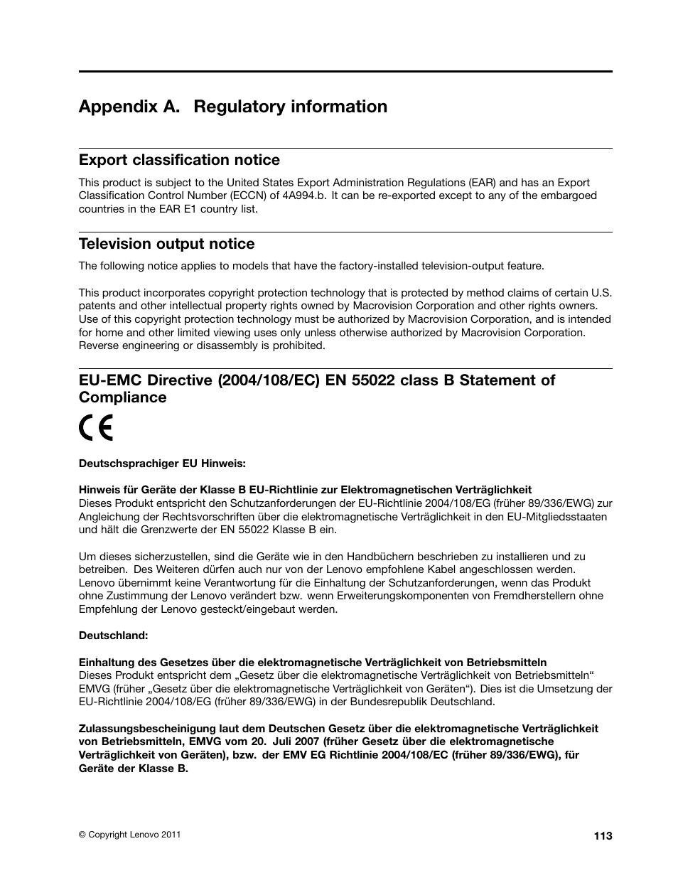 Appendix a. regulatory information, Export classification notice, Television output notice | Lenovo THINKCENTRE 4473 User Manual | Page 127 / 142