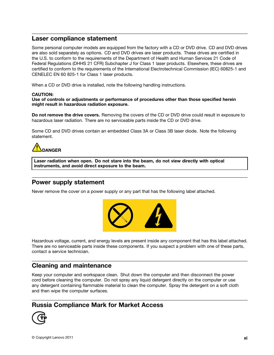 Laser compliance statement, Power supply statement, Cleaning and maintenance | Russia compliance mark for market access | Lenovo THINKCENTRE 4473 User Manual | Page 13 / 142