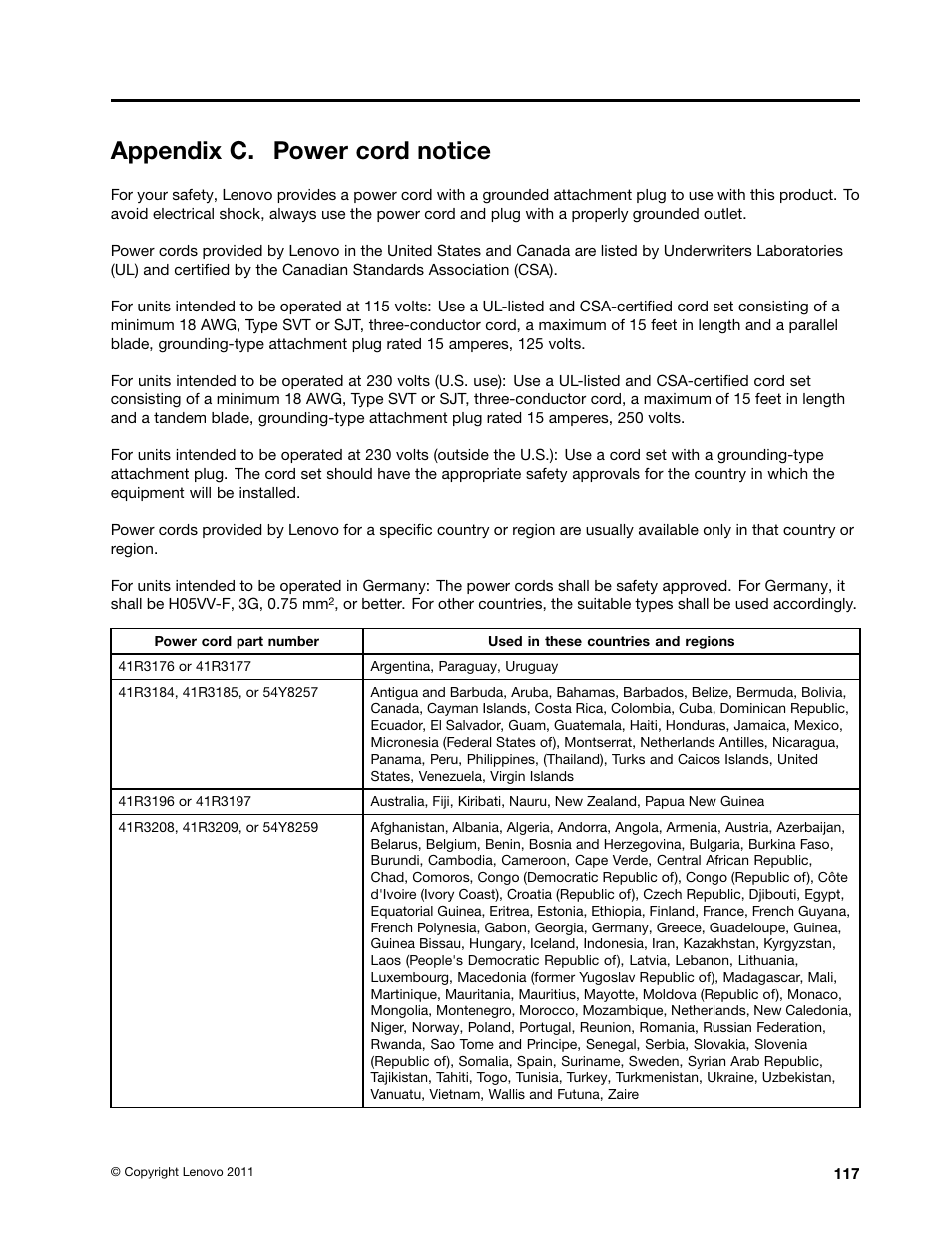 Appendix c. power cord notice | Lenovo THINKCENTRE 4473 User Manual | Page 131 / 142