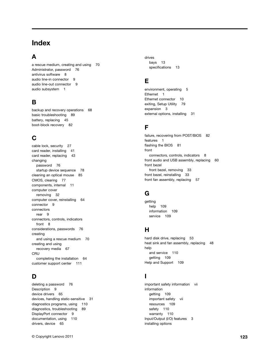 Index | Lenovo THINKCENTRE 4473 User Manual | Page 137 / 142