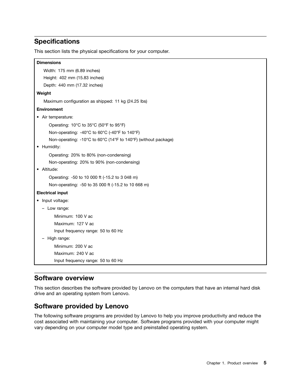 Specifications, Software overview, Software provided by lenovo | Lenovo THINKCENTRE 4473 User Manual | Page 19 / 142